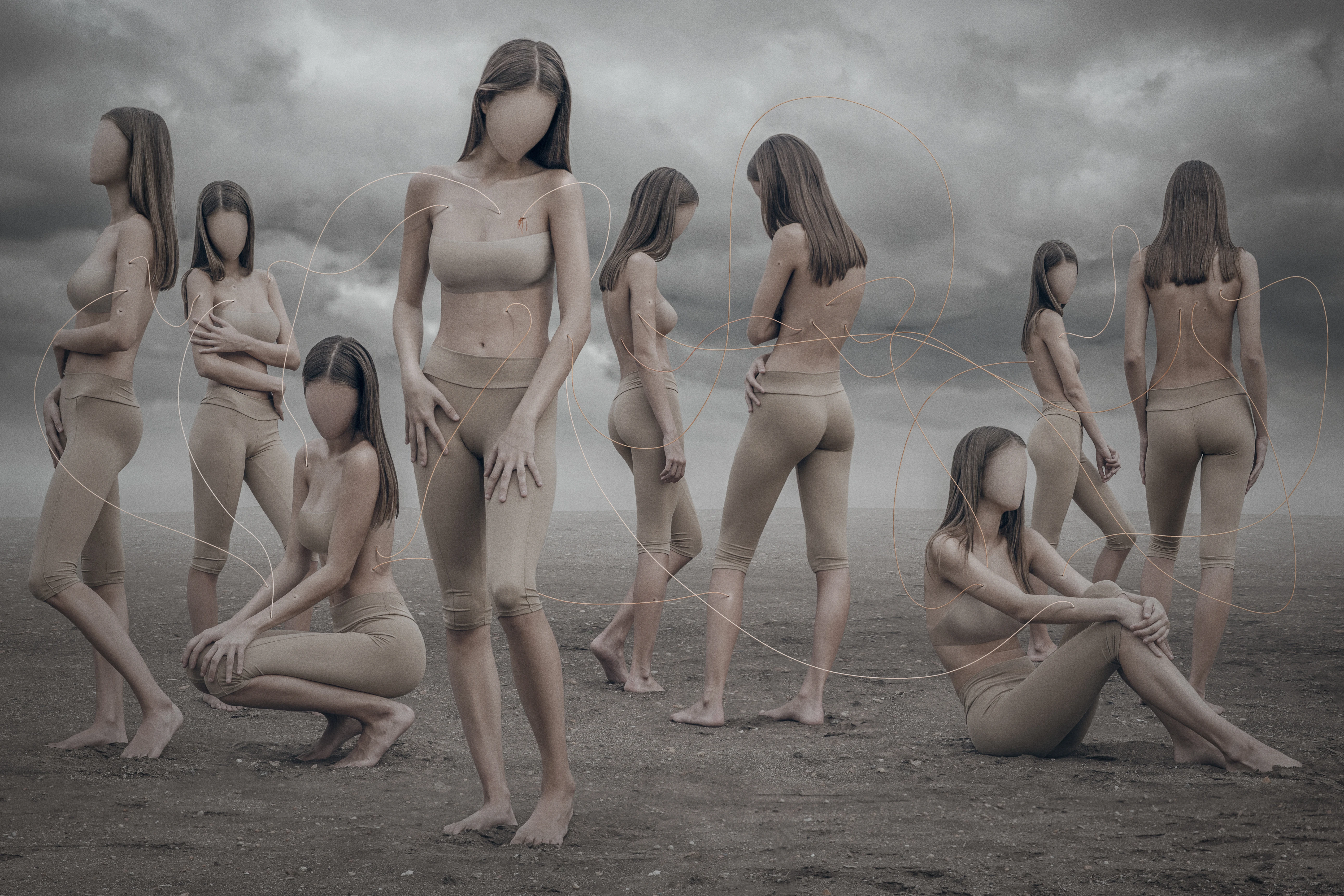 conceptual compositing fine art of multiple identical faceless figures in a barren landscape, connected by thin ropes.