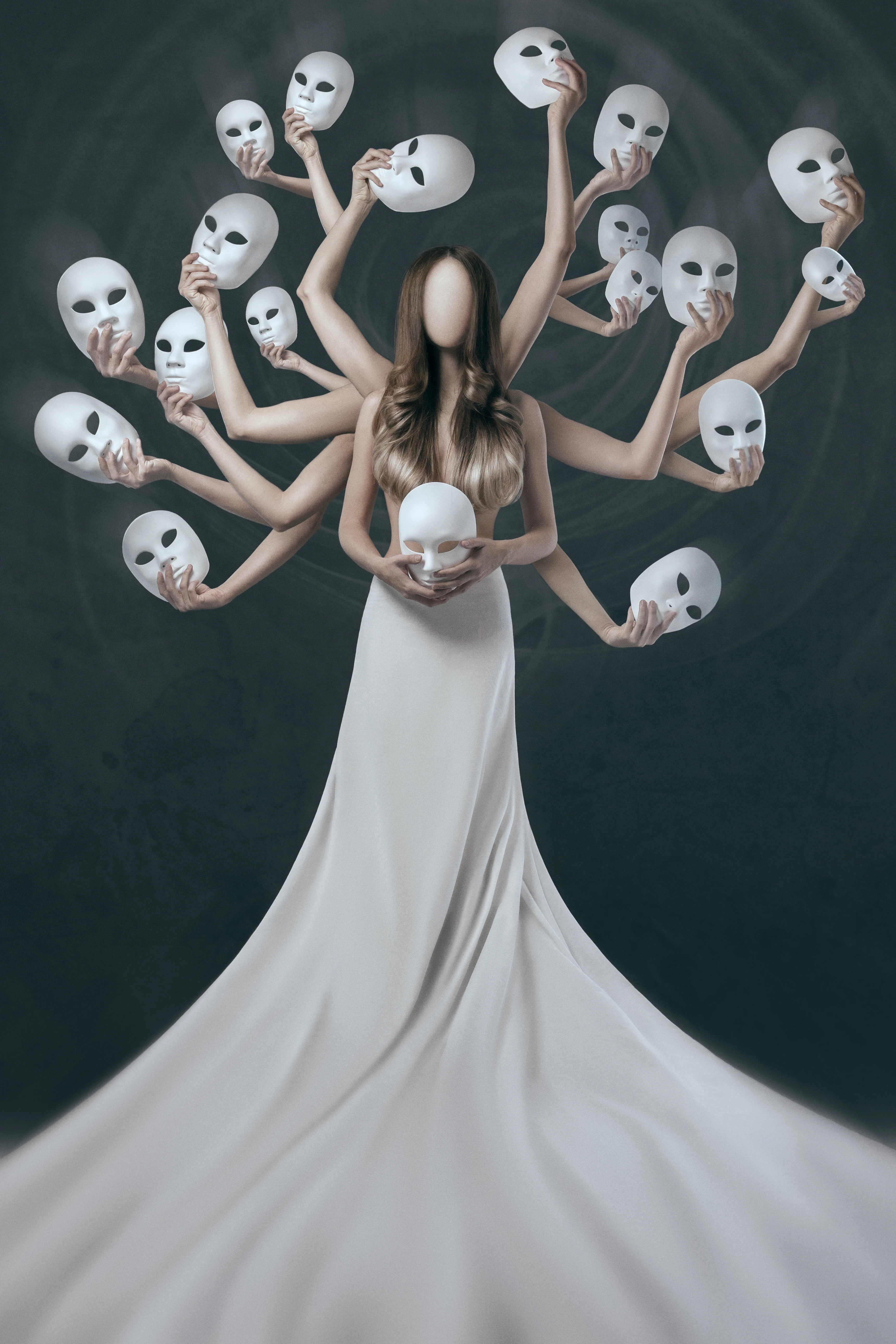 professional photo compositing layered composition of faceless female figure in a white dress with multiple arms holding white masks.