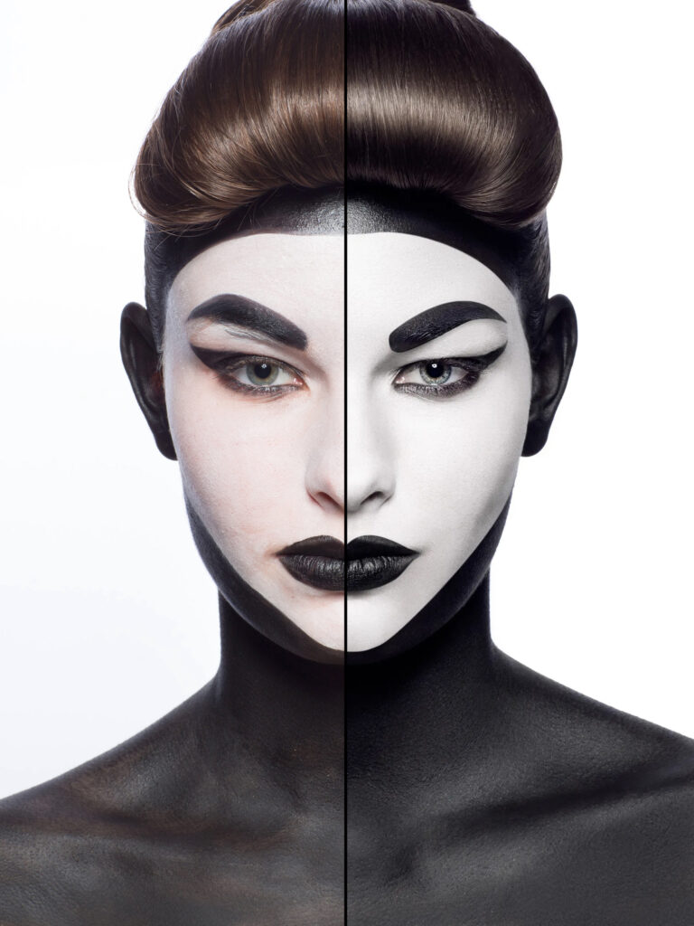 retouching portfolio example before and after of close-up portrait with high-contrast black and white face paint, geometric brows, and sculpted brown hair. Split image showing before and after retouch